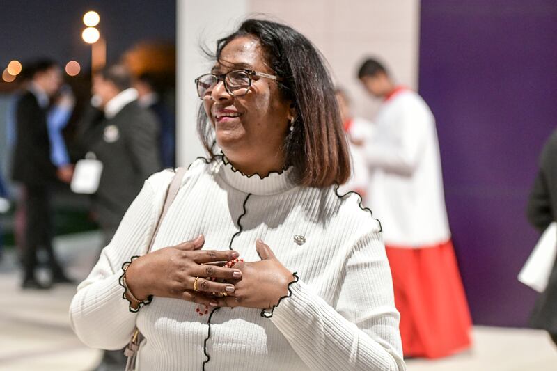 Fatima Desouza, 52, shares her joy at seeing Pope Francis when he visited the Cathedral of Our Lady of Arabia in Bahrain. Khushnum Bhandari / The National