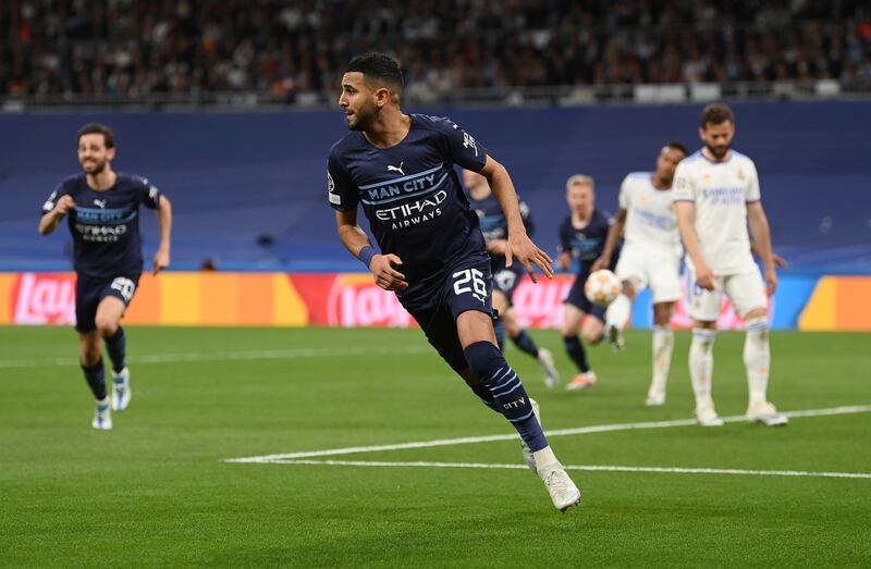 Manchester City's Riyad Mahrez celebrates after scoring to put City ahead at Santiago Bernabeu. Getty