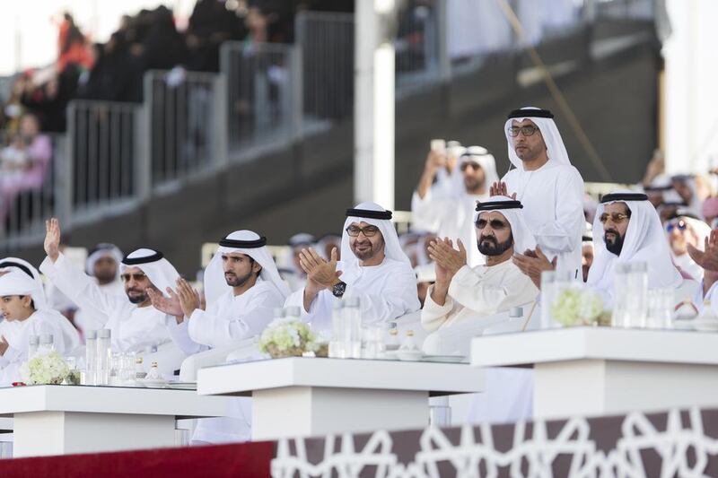 Sheikh Mohammed bin Rashid, Vice President and Ruler of Dubai, and Sheikh Mohammed bin Zayed, Crown Prince of Abu Dhabi and Deputy Supreme Commander of the Armed Forces, were joined at the Festival by Sheikh Tahnoon bin Mohamed, Ruler’s Representative of the Eastern Region of Abu Dhabi, Sheikh Hamdan bin Mohammed, Crown Prince of Dubai, and Sheikh Hamdan bin Zayed, Ruler’s Representative in the Western Region of Abu Dhabi. Philip Cheung / Crown Prince Court - Abu Dhabi