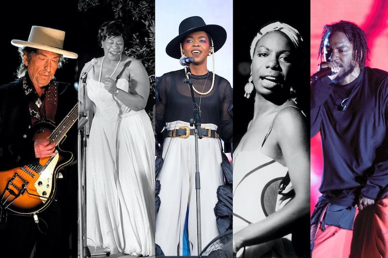 From left to right, Bob Dylan, Ella Fitzgerald, Lauryn Hill, Nina Simone and Kendrick Lamar have all captured tumultuous moments with their songs