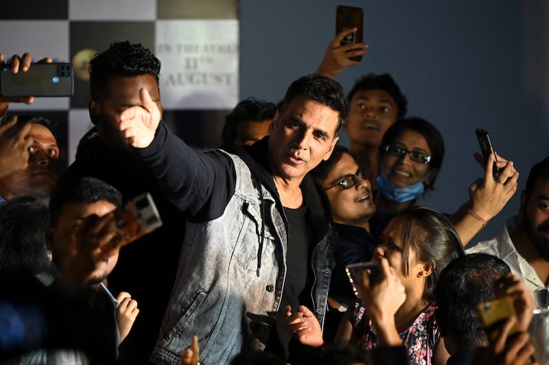 Akshay Kumar with fans during a promotional event in Kolkata. AFP