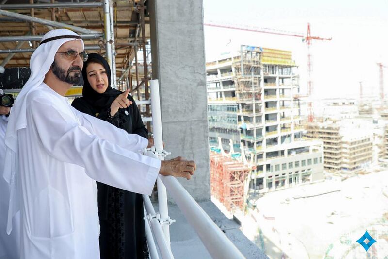 Sheikh Mohammed bin Rashid surveys the grand vision for Expo 2020 Dubai with Reem Al Hashimy, Minister of State for International Co-operation. Courtesy Dubai Media Office
