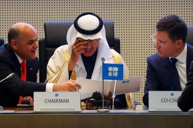 Saudi energy minister Prince Abdulaziz bin Salman flanked by Venezuelan oil minister Manuel Quevedo, left, and Russian energy minister Alexander Novak at Opec's annual meeting in Vienna in December. REUTERS