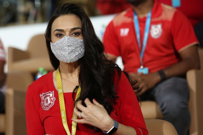 Preity Zinta co owner of the Kings XI Punjab during match 31 of season 13 of the Indian Premier League (IPL ) between the Royal Challengers Bangalore and the Kings XI Punjab held at the Sharjah Cricket Stadium, Sharjah in the United Arab Emirates on the 15th October 2020.  Photo by: Arjun Singh  / Sportzpics for BCCI