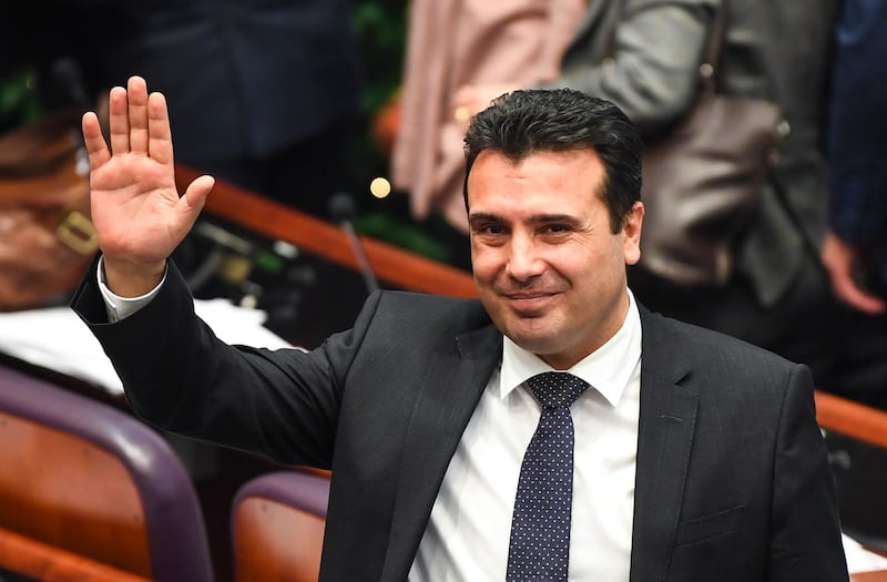 epa07275993 Former Yugoslav Republic of Macedonia (FYROM) Prime Minister Zoran Zaev waves to journalists after the Parliament vote in Skopjee, The Former Yugoslav Republic of Macedonia, 11 January 2019, to change constitution and change the country name in North Macedonia. The agreement with Greece is key for FYROM's NATO and EU accession process.  EPA/GEORGI LICOVSKI