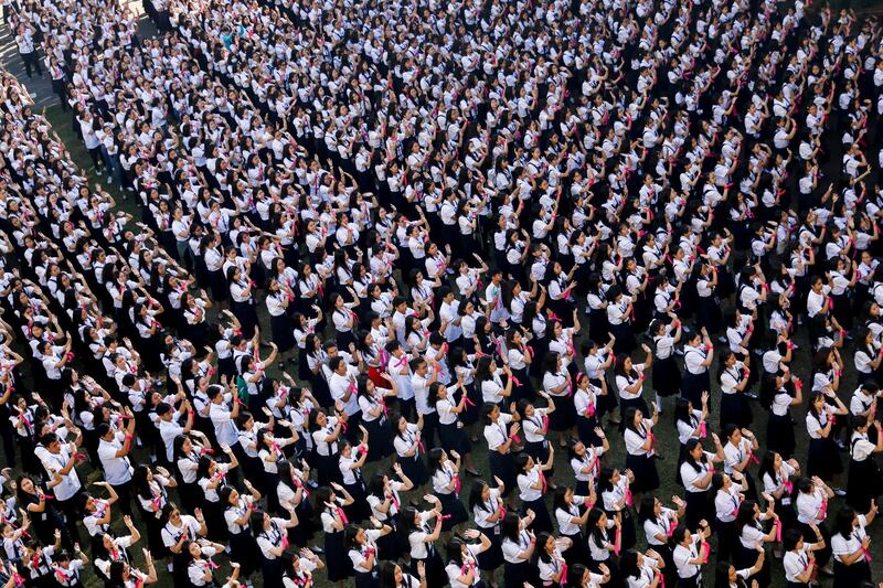 Thousands of Filipino students dance to take part in the One Billion Rising global campaign to end violence against women and children, during the Valentine's Day celebration at St Scholastica's College in Manila, Philippines. Reuters