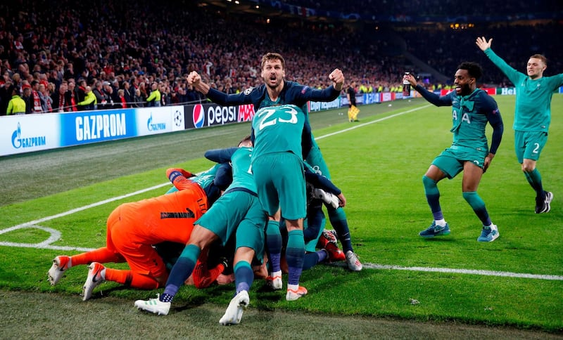 Tottenham players celebrate Lucas Moura's winner. Reuters