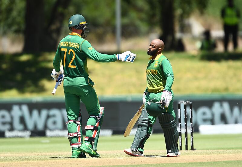 PAARL, SOUTH AFRICA - JANUARY 19: Temba Bavuma (captain) of South Africa celebrate scoring a century during the 1st Betway One Day International match between South Africa and India at Eurolux Boland Park on January 19, 2022 in Paarl, South Africa. (Photo by Ashley Vlotman / Gallo Images / Getty Images)