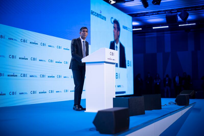 Britain's Prime Minister Rishi Sunak delivers a speech at the CBI conference. EPA