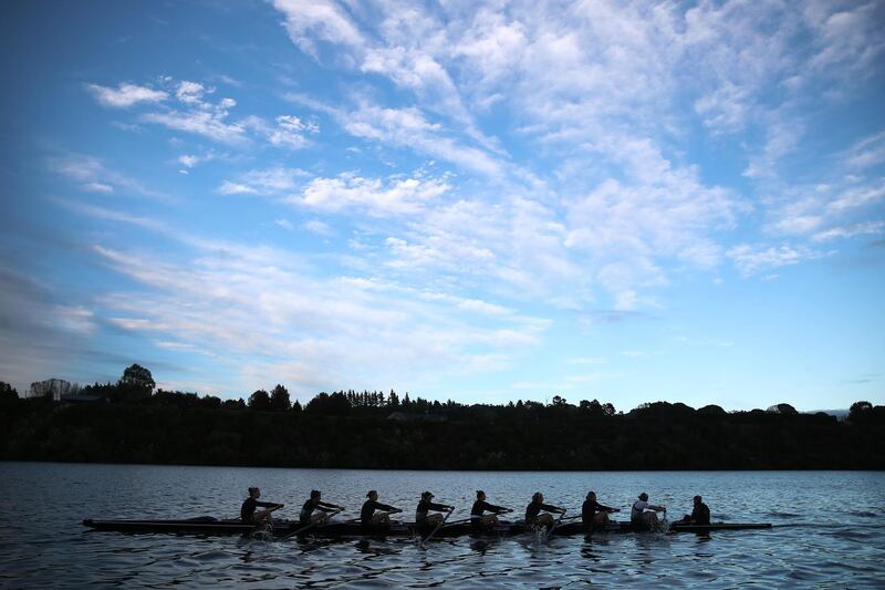 The women's eight team train during the New Zealand Rowing Team Media Day at Lake Karapiro on Wednesday, April 21. Getty