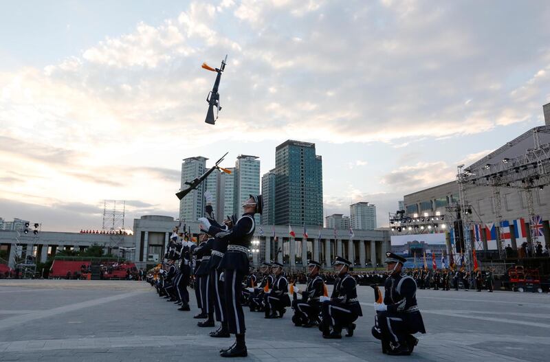 South Korean soldiers take part in a media day parade ahead of the 70th anniversary of Armed Forces Day at the War memorial of Korea in Seoul. Jeon Heon-Kyun/EPA