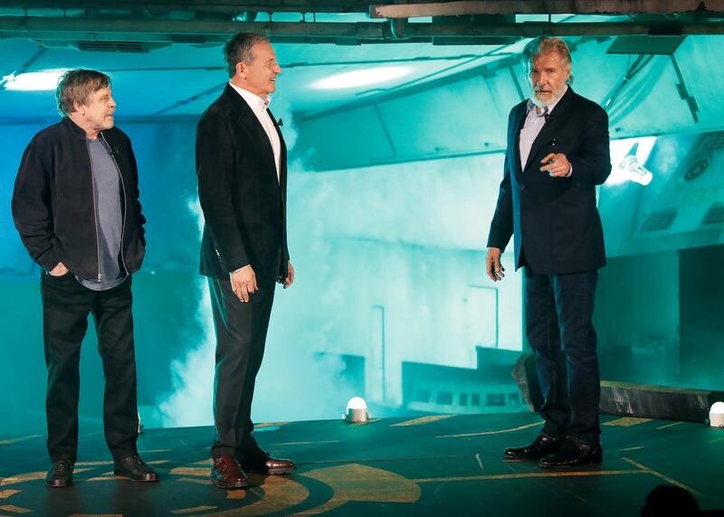 Actor Harrison Ford speaks next to actor Mark Hamill and Walt Disney's Chief Executive Officer Bob Iger at "Star Wars: Galaxy's Edge" at Disneyland Park in Anaheim, California, U.S., May 29, 2019. REUTERS/Mario Anzuoni