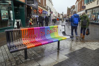 A bench in the town centre of Windsor, Berkshire, UK with a colourful new design as part of a campaign last year to combat loneliness. PA Wire