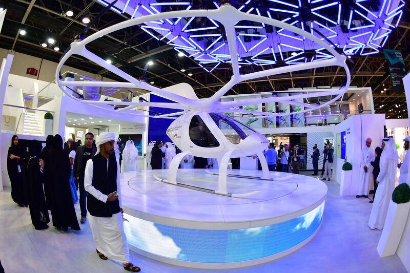 A drone taxi at the Gitex 2017 exhibition at the Dubai World Trade Centre. Omar Al Olama, Minister of State for AI, Digital Economy and Remote Work Applications, has said that the UAE isn't only looking for economic benefits as it seeks to become a leader in the sector. AFP