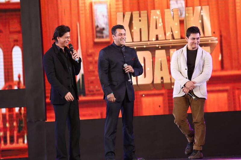 Can this be true? Left to right, Shah Rukh Khan, Salman Khan and Aamir Khan are the special guests on a forthcoming epsisode of Aap Ki Adalat on Star Plus. Courtesy of Star TV. 