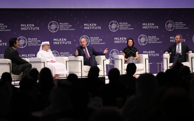From left to right,  John Defterios,  Waleed Al Muhairi, Raymond Dalio, Chairman and Co-Chief Investment Officer at Bridgewater Associates, Dina Powell, Goldman Sachs partner and former advisor to the Trump administration, and Adam Boehler, chief executive of US International Development Finance Corporation.  EPA
