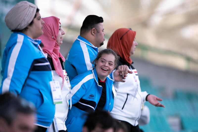 DUBAI, UNITED ARAB EMIRATES - March 16 2019.

Audiences cheering the athlete runners at Special Olympics World Games athletics competition in Dubai Police Academy Stadium.

 (Photo by Reem Mohammed/The National)

Reporter: 
Section:  NA