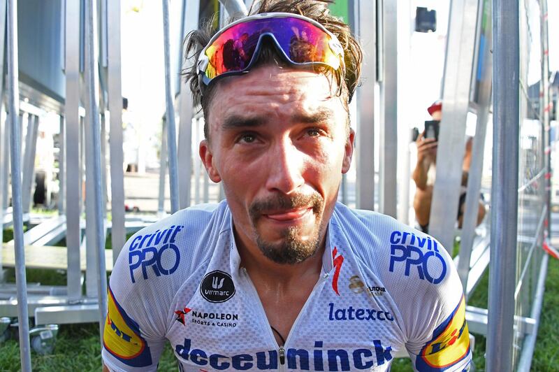 Team Deceuninck rider France's Julian Alaphilippe cries after winning the 2nd stage of the 107th edition of the Tour de France cycling race, 187 km between Nice and Nice, on August 30, 2020. / AFP / POOL / Stephane MANTEY
