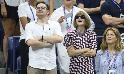 NEW YORK, NY - AUGUST 28: Anna Wintour and her son Charles Shaffer attend Roger Federer's match in his box during day 2 of the 2018 tennis US Open at Arthur Ashe stadium of the USTA Billie Jean King National Tennis Center on August 28, 2018 in Flushing Meadows, Queens, New York City. (Photo by Jean Catuffe/GC Images)