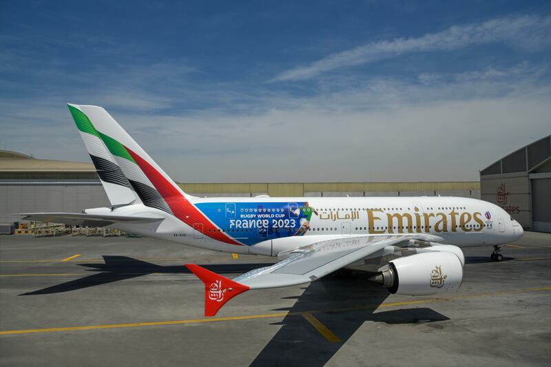 Emirates unveiled its Rugby World Cup 2023 livery on an A380 bound for Istanbul. Photo: Emirates