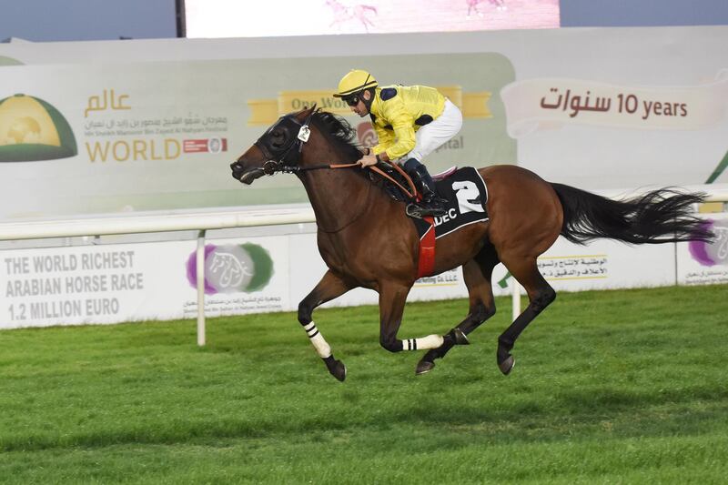 
Billingsgate and Jernando Jara finish first in Race 3 of  8th Race Meeting of 2017/2018  at Abu Dhabi Equestrain Club on 21 Januaray 2018, Vidhyaa for The National 