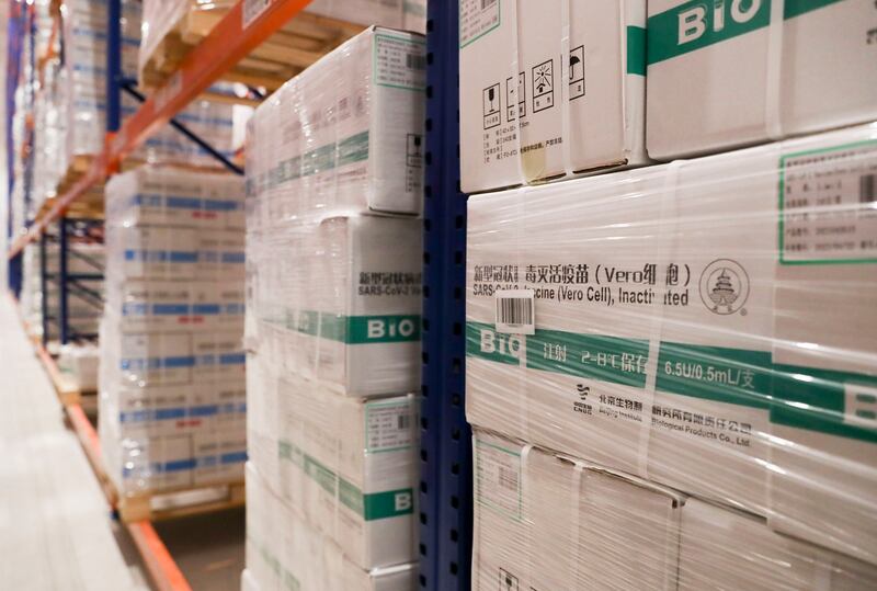 Boxes of vaccines at the Hope Consortium Vaccine Hub in Abu Dhabi.