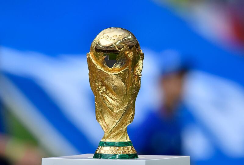 The World Cup trophy on display prior to the final. AP Photo