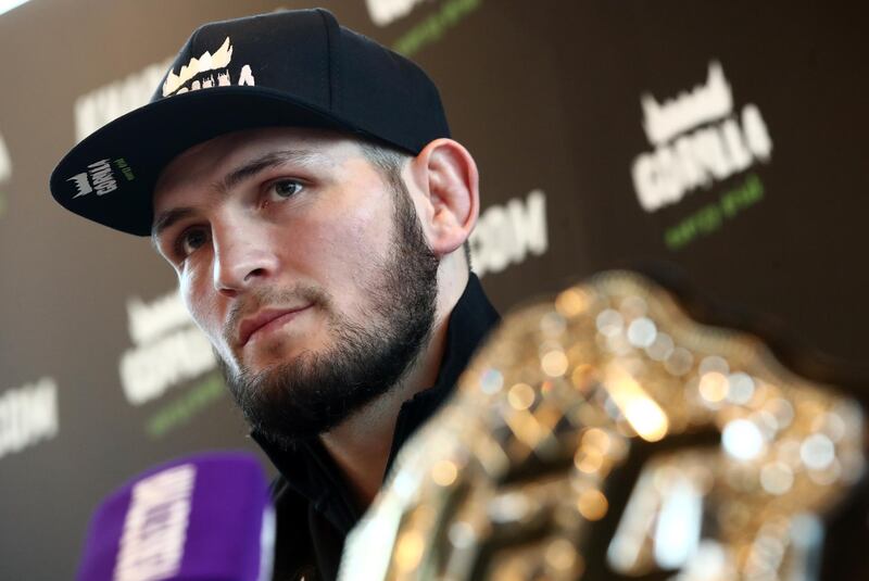 MOSCOW, RUSSIA  NOVEMBER 26, 2018: Russian mixed martial artist and UFC lightweight champion Khabib Nurmagomedov gives a news conference. Valery Sharifulin/TASS (Photo by Valery Sharifulin\TASS via Getty Images)