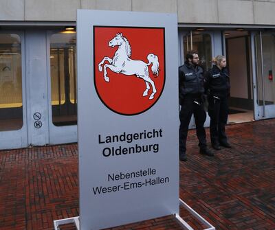 epa07130520 The entrance of the provisional court building where the trial against former male nurse Niels Hoegel at the Higher Regional Court takes place in Oldenburg, northern Germany, 30 October 2018. Hoegel is accused of having murdered about 100 patients of hospitals in Delmenhorst and Oldenburg between 1999 and 2005. He is already convicted in six cases. The trial takes place at the Weser-Ems-Halle event center as there are more than 120 joint plaintiffs.  EPA/FOCKE STRANGMANN