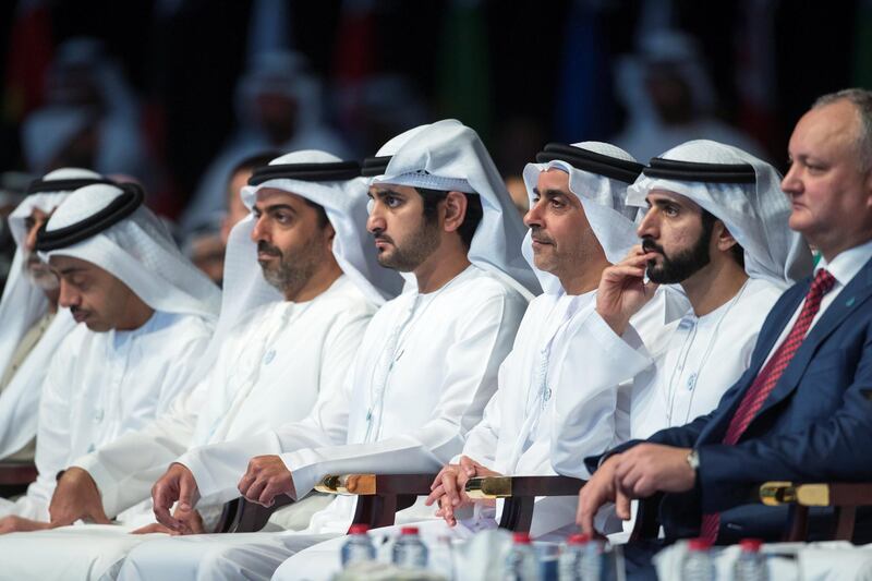 DUBAI, UNITED ARAB EMIRATES - February 11, 2018: HE Igor Dodon, President of Moldova (R), HH Sheikh Hamdan bin Mohamed Al Maktoum, Crown Prince of Dubai (2nd R), HH Lt General Sheikh Saif bin Zayed Al Nahyan, UAE Deputy Prime Minister and Minister of Interior (3rd R), HH Sheikh Maktoum bin Mohamed bin Rashid Al Maktoum, Deputy Ruler of Dubai (4th R), HH Sheikh Hamed bin Zayed Al Nahyan, Chairman of the Crown Prince Court of Abu Dhabi and Abu Dhabi Executive Council Member (5th R), and HH Sheikh Abdullah bin Zayed Al Nahyan, UAE Minister of Foreign Affairs and International Cooperation (6th R), listen to a speech by HE Narendra Modi Prime Minister of India (not shown), during the World Government Summit. 
( Ryan Carter / Crown Prince Court - Abu Dhabi )
---