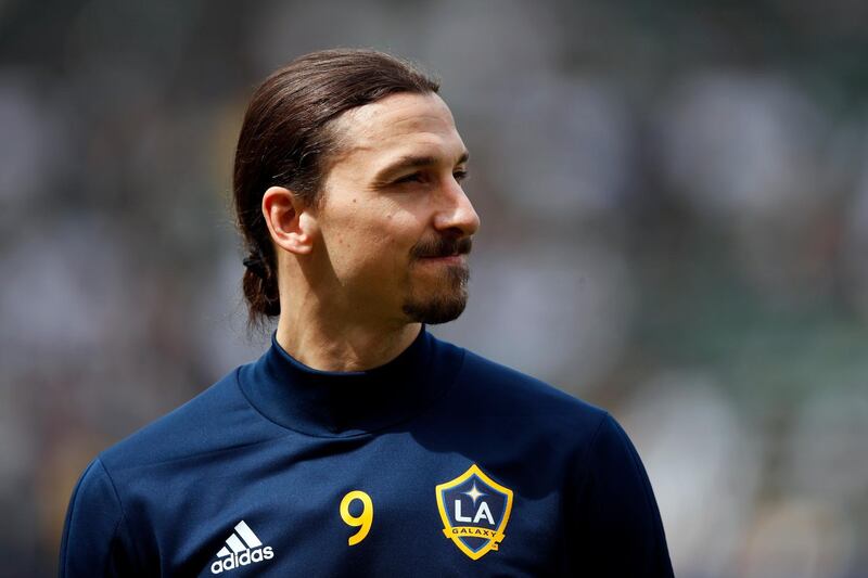 FILE - In this March 31, 2018, file photo, Los Angeles Galaxy's Zlatan Ibrahimovic, of Sweden, stands on the field during warmups before an MLS soccer match against the Los Angeles FC in Carson, Calif. (AP Photo/Jae C. Hong, File)