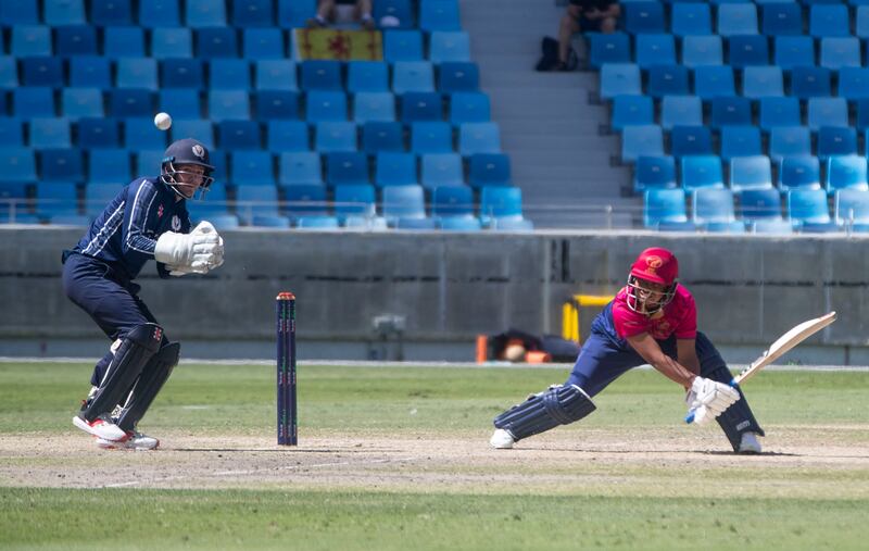 UAE batsman Aayan Khan top-scored with 45 in a below-par total of 132 against Scotland in their Cricket World Cup League 2 match at the Dubai International Stadium on Sunday, March 3, 2024. All images Ruel Pableo for The National