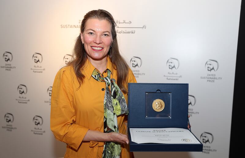 Caroline Slootweg from Kelp Blue winner of Zayed Sustainability Climate Action category award. Kelp Blue contributes to the restoration of natural ocean wilderness and the mitigation of excess CO2 by establishing large-scale kelp forests in deep waters. Pawan Singh / The National 