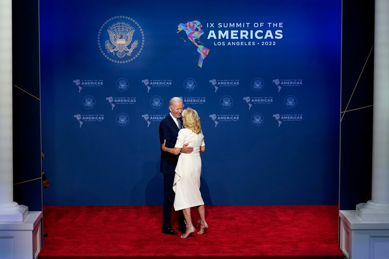 US President Joe Biden and first lady Jill engage in a brief dance, between greeting delegations at the Summit of the Americas in Los Angeles. AP