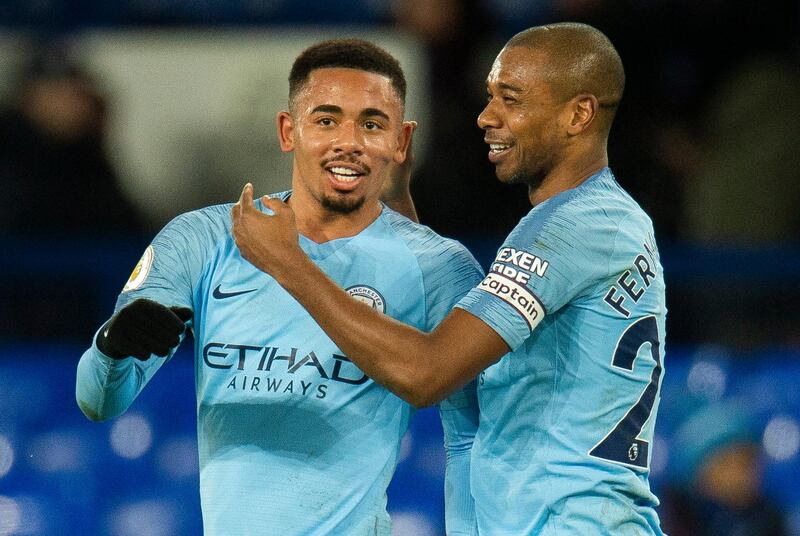 epa07348816 Manchester City's Gabriel Jesus (L) reacts with Manchester City's Fernandinho (R) after the English Premier League soccer match between Everton and Manchester City held at the Goodison Park in Liverpool, Britain, 6 February 2019.  EPA/PETER POWELL EDITORIAL USE ONLY. No use with unauthorized audio, video, data, fixture lists, club/league logos or 'live' services. Online in-match use limited to 120 images, no video emulation. No use in betting, games or single club/league/player publications
