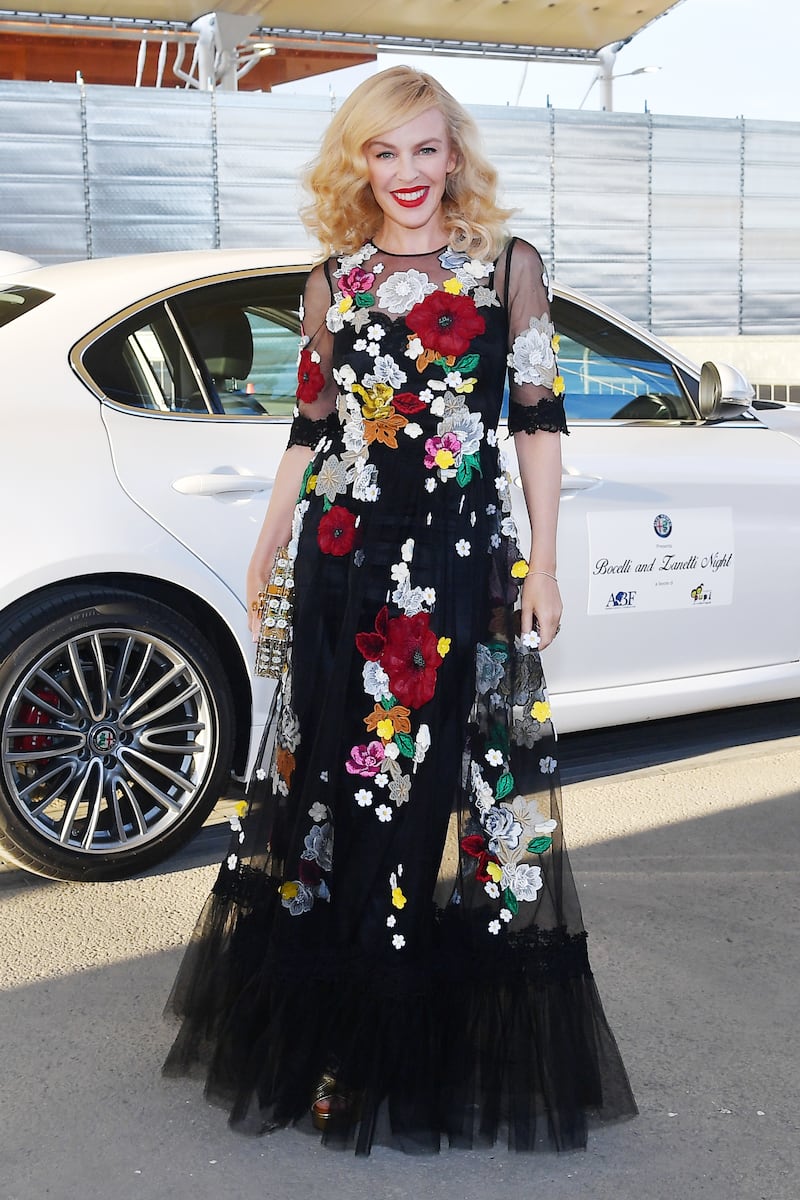 Kylie Minogue, in Dolce & Gabbana, arrives at Bocelli and Zanetti Night on May 25, 2016 in Rho, Italy.