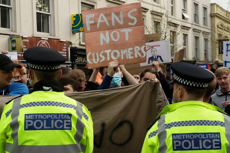Chelsea fans protesting against the planned European Super League. PA