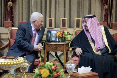 Saudi Arabia's King Salman meets with Palestinian President Mahmoud Abbas in Riyadh, Saudi Arabia February 12, 2019. Reuters 