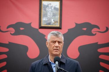 President of the Republic of Kosovo Hashim Thaci holds a speech during the ceremony to mark the 20th anniversary of 113 men killed during the 1998-99 war in the village of Krusha e Vogel, Kosovo. EPA