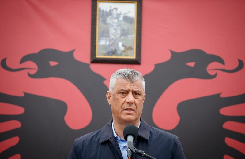 epa07464959 President of the Republic of Kosovo Hashim Thaci holds a speech during the ceremony to mark the 20th anniversary of 113 men killed during the 1998-99 war in the village of Krusha e Vogel, Kosovo, 26 March 2019. Some 113 Kosovo Albanian men of the village were separated from their families and executed on 26 March 1999 by Serb security forces, 45 of them are buried and 68 still missing.  EPA/VALDRIN XHEMAJ