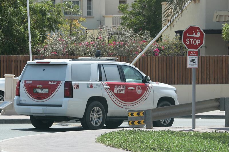 Dubai Police and Rescue teams patrolling and searching in the Springs and Meadows area for an exotic wild animal on the loose in Dubai on May 19,2021. Pawan Singh/The National