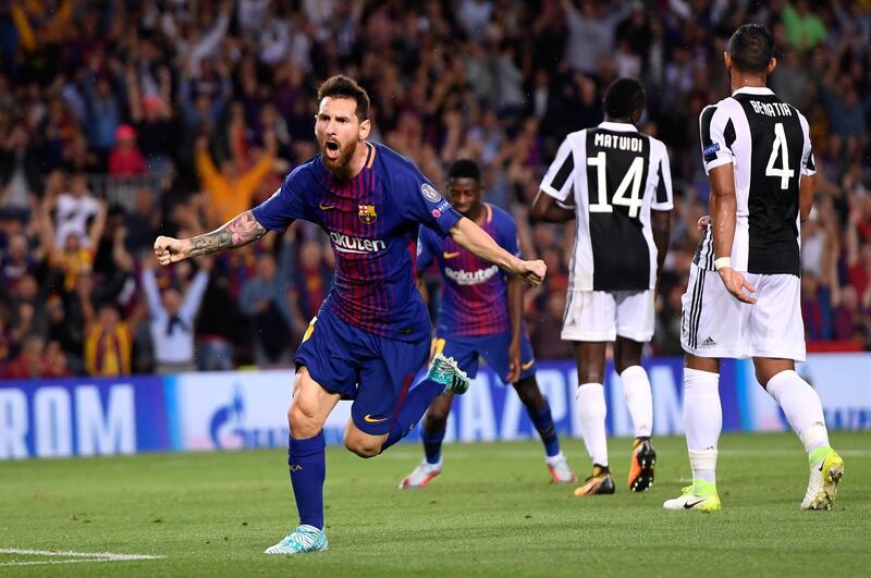 BARCELONA, SPAIN - SEPTEMBER 12:  Lionel Messi of Barcelona celebrates scoring his sides first goal during the UEFA Champions League Group D match between FC Barcelona and Juventus at Camp Nou on September 12, 2017 in Barcelona, Spain.  (Photo by Alex Caparros/Getty Images)