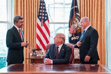 UAE Foreign Minister Abdullah bin Zayed, US President Donald Trump and Israeli Prime Minister Benjamin Netanyahu at the Oval Office. Courtesy MOFAIC