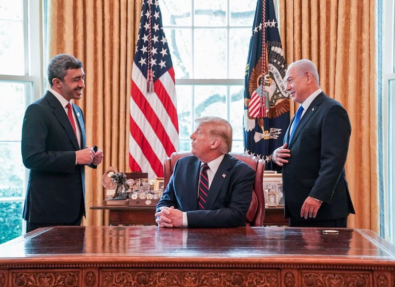 UAE Foreign Minister Abdullah bin Zayed, US President Donald Trump and Israeli Prime Minister Benjamin Netanyahu at the Oval Office. Courtesy MOFAIC