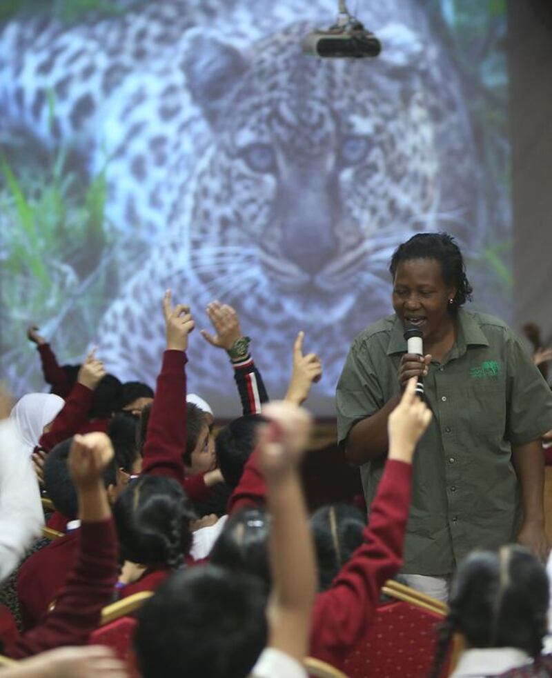 Mary Kirabui, Kenyan park ranger speaks to pupils about animal conservation at the Emirates Future International Academy in Abu Dhabi. Ravindranath K / The National