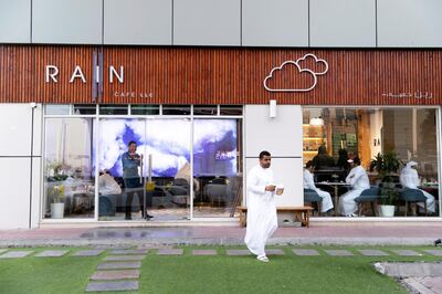 ABU DHABI, UNITED ARAB EMIRATES - JUNE 10, 2018. 

Rain cafe on 22nd street in Abu Dhabi neighborhood, E20-02, known as Tankar Mai (water tank).

(Photo by Reem Mohammed/The National)

Reporter: John Dennehy
Section: NA 
