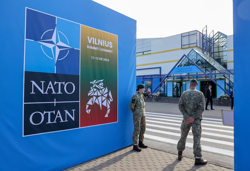 Military personnel keep watch on the opening day of the Nato summit in the Lithuanian capital. Bloomberg