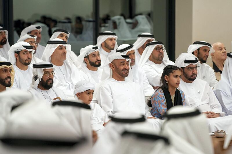 ABU DHABI, UNITED ARAB EMIRATES - May 13, 2019: (Front Row L-R) HH Sheikh Nahyan Bin Zayed Al Nahyan, Chairman of the Board of Trustees of Zayed bin Sultan Al Nahyan Charitable and Humanitarian Foundation, HH Sheikh Tahnoon bin Mohamed Al Nahyan, Ruler's Representative in Al Ain Region, HH Sheikh Tahnoon bin Mohamed bin Tahnoon Al Nahyan, HH Sheikh Mohamed bin Zayed Al Nahyan, Crown Prince of Abu Dhabi and Deputy Supreme Commander of the UAE Armed Forces, HH Sheikha Salama bint Mohamed bin Hamad bin Tahnoon Al Nahyan and HH Sheikh Hamdan bin Zayed Al Nahyan, Ruler’s Representative in Al Dhafra Region, attend a lecture by Dr. Beau Lotto titled "The Science of Innovation: Becoming naturally adaptable", at Majlis Mohamed bin Zayed.
( Mohamed Al Hammadi / Ministry of Presidential Affairs )
---