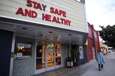 A closed movie theatre in Los Angeles, California where state governor Gavin Newsom issued a statewide stay at home order on March 19, 2020. Getty Images / AFP