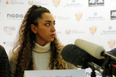 Kimia Alizadeh holds a press conference in Germany on Friday. Reuters